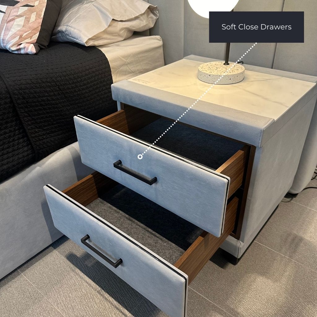 G6 Bedside Table showing the stainless steel detailing