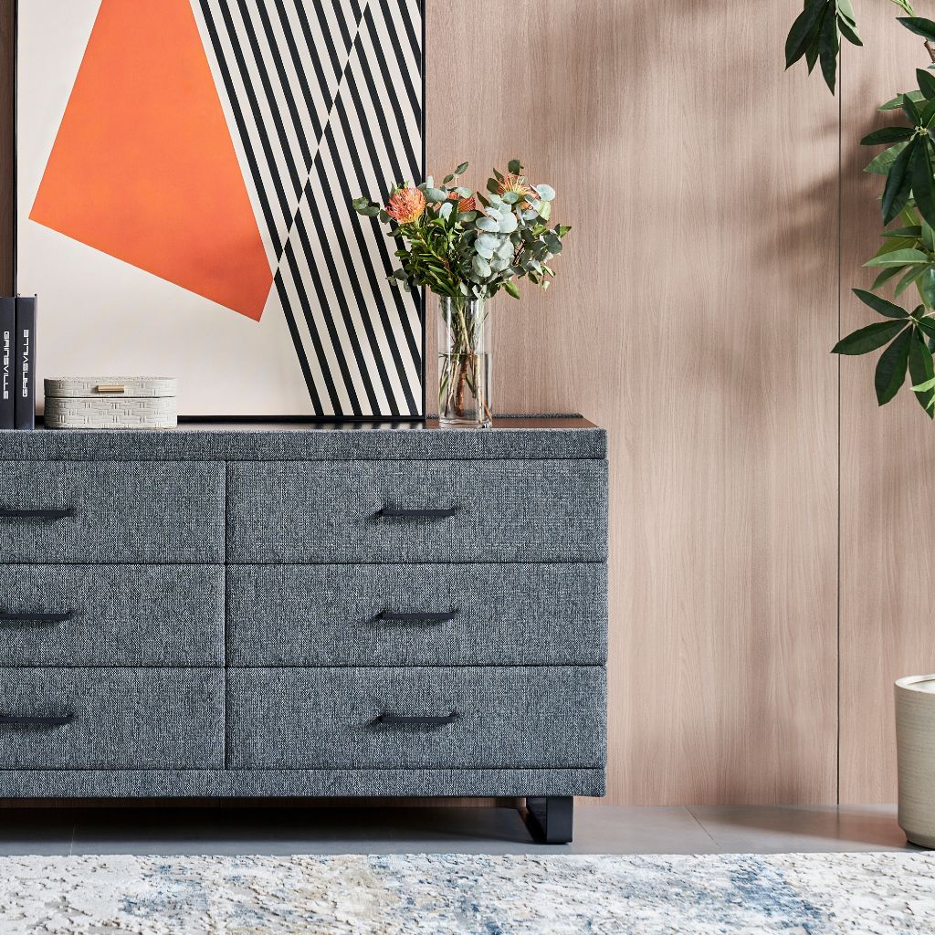 G4 Dresser showing the upholstered finish and drawers