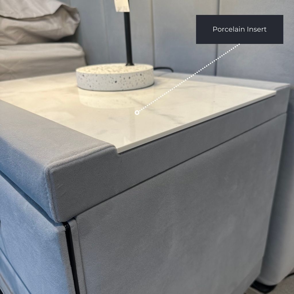 G19 Bedside Table detail of the upholstery and leg