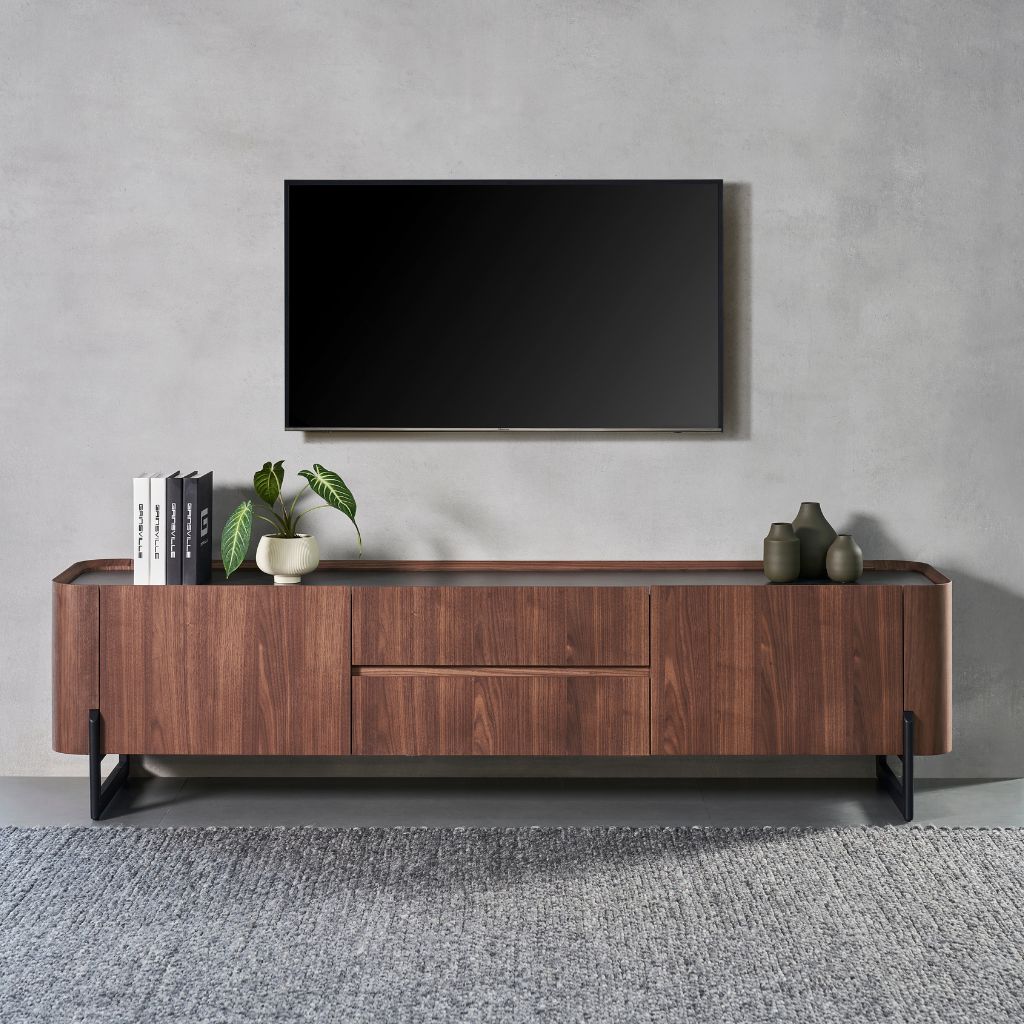 Ankara TV Unit in American Walnut with a Vixon ceramic stone top and satin black legs