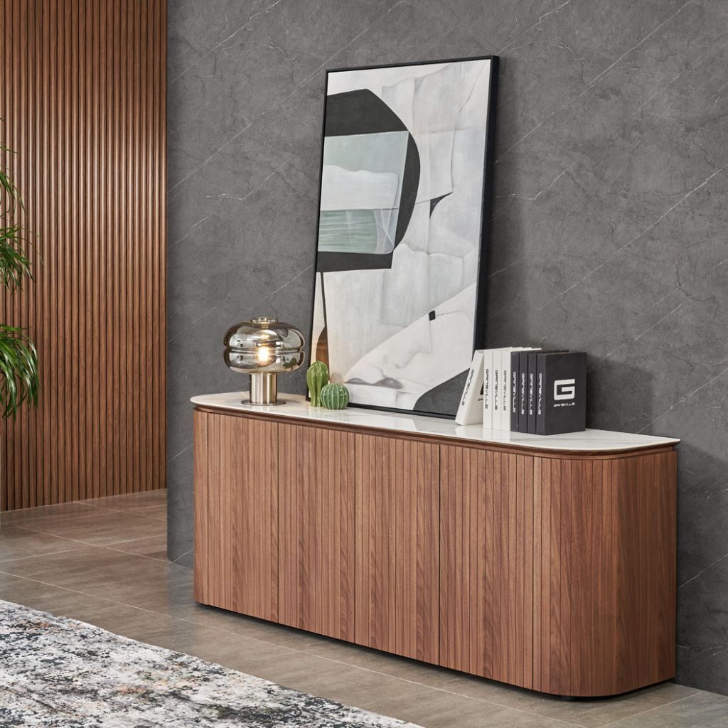 Ava Buffet detail of the curved corner and ceramic top