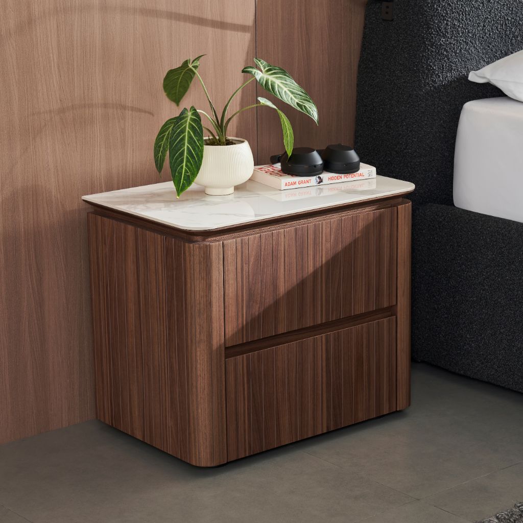 Ava Bedside Table Higher Version with a curved fluted timber design and Bianco ceramic top