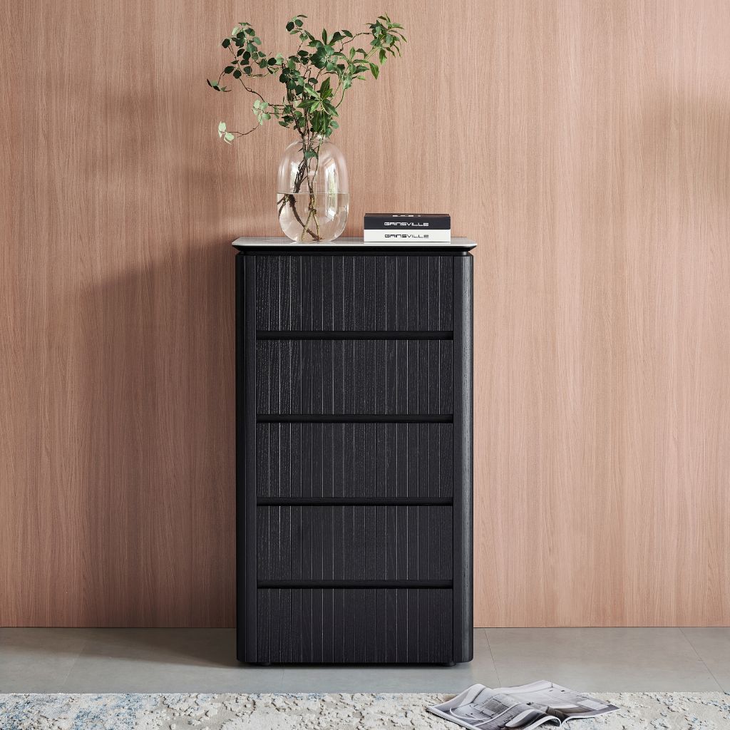 Ava Tallboy in American Walnut with Bianco ceramic top in a modern bedroom