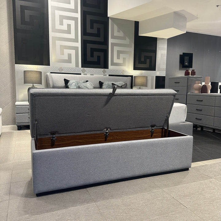 Windsor Storage Ottoman side view showing the upholstered design