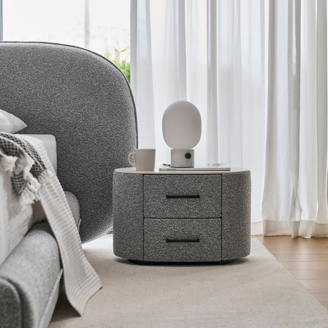 G10 Bedside Table with an Italian porcelain top and walnut-lined drawers