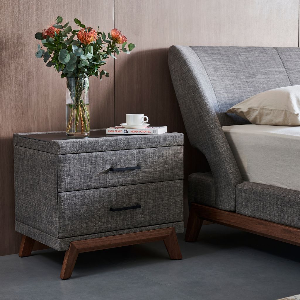 G57 Bedside Table with detailed timber legs and a ceramic stone top