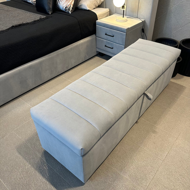 Rosetta Storage Ottoman side view showing the upholstered design