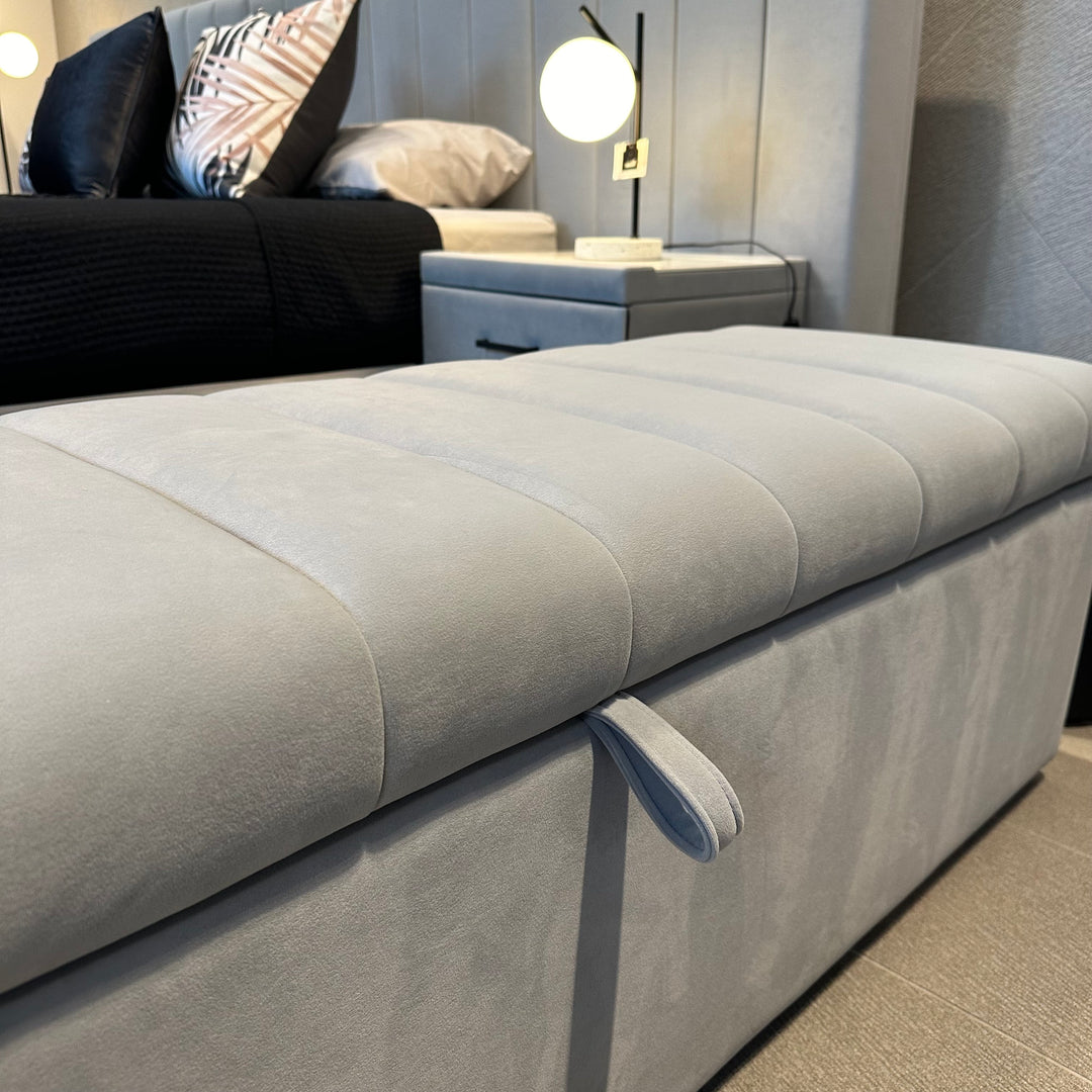 Rosetta Storage Ottoman with the gas strut lid open showing storage