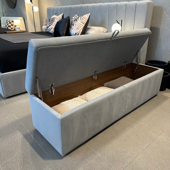Rosetta Storage Ottoman in fabric showing the upholstered seat
