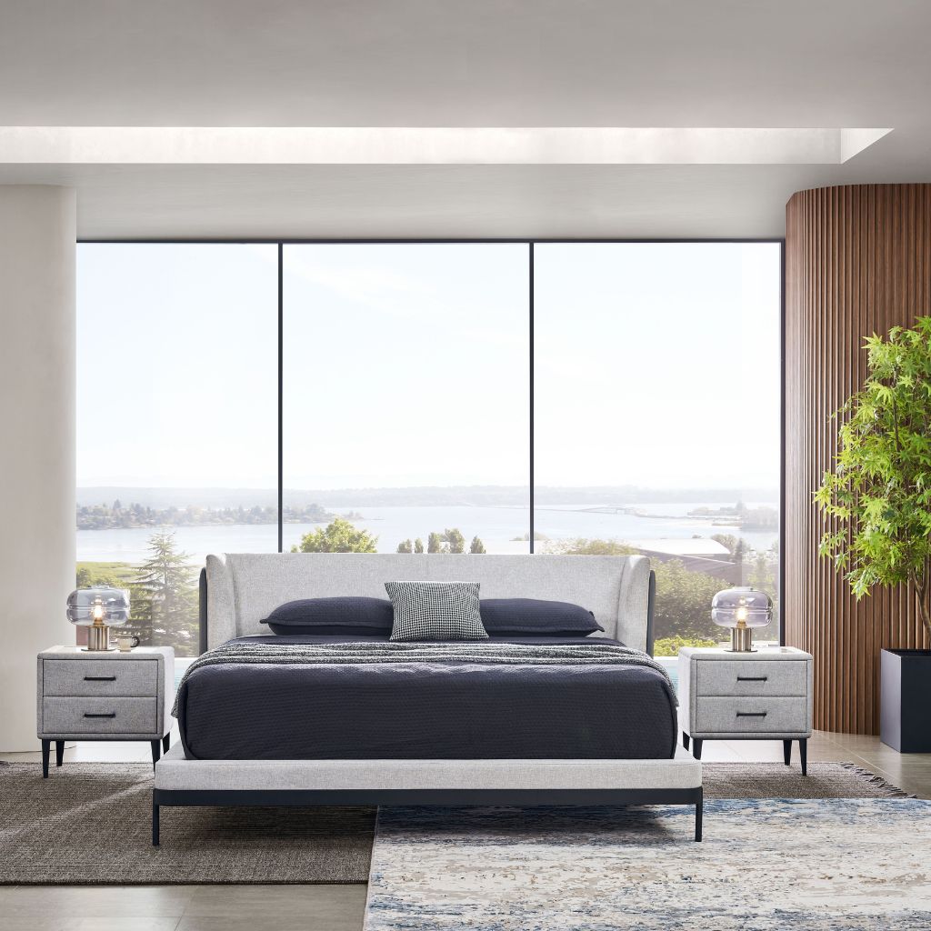 Kimberley Bed with a feature two-tone fabric headboard in a modern bedroom