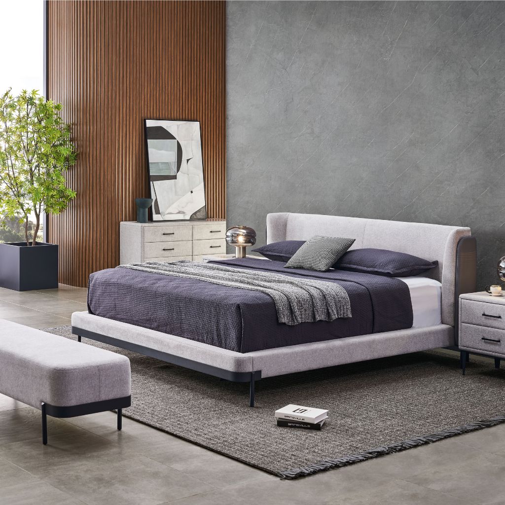 Kimberley Bed raised on legs showing the two-tone headboard