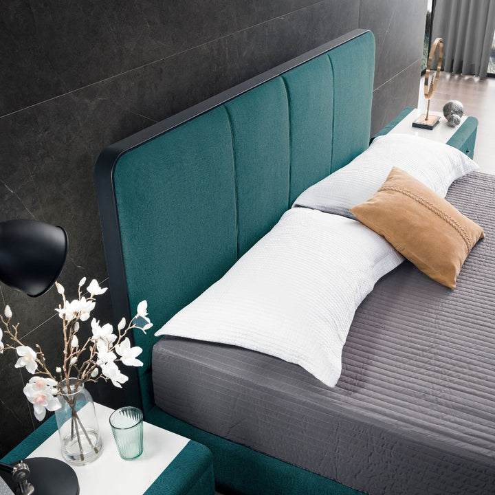 Oakland Bed frame with satin black metalwork and upholstered base