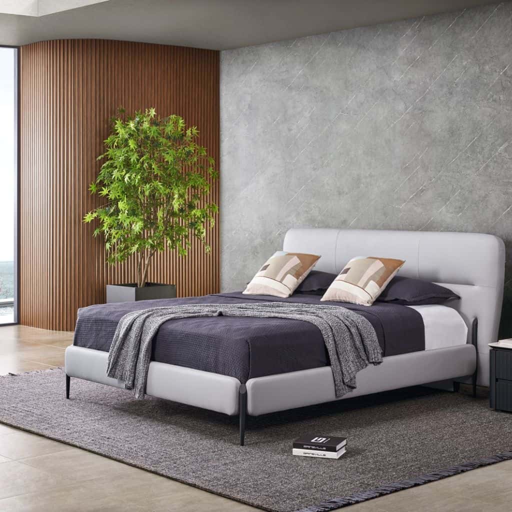 Odessa Bed detail of the angled backrest and upholstery