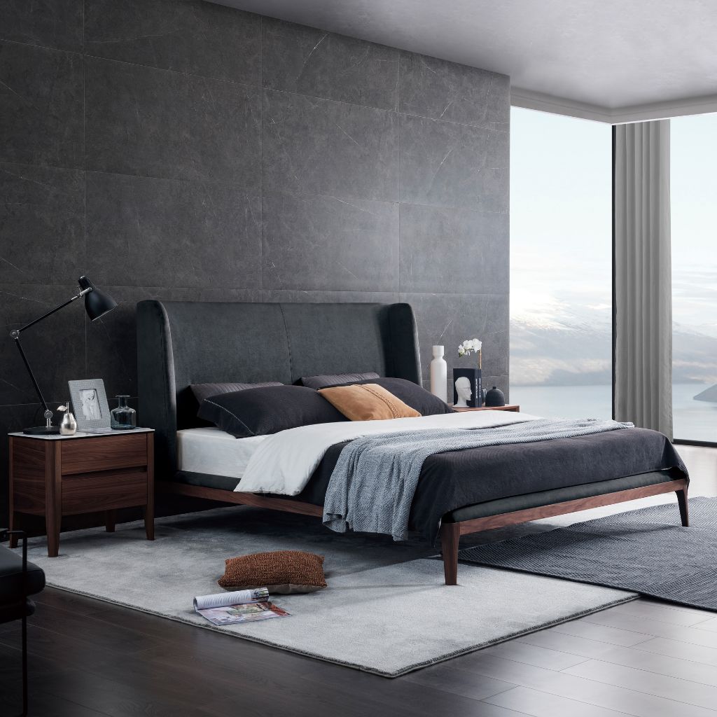 Olivia King Size Bed showing the upholstered sofa-style headboard