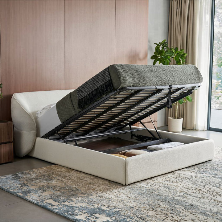 Pescara Bed close-up of the upholstered cover and stitching