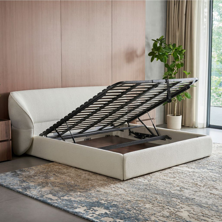 Pescara Bed detail of the angled, plush-cushioned headboard
