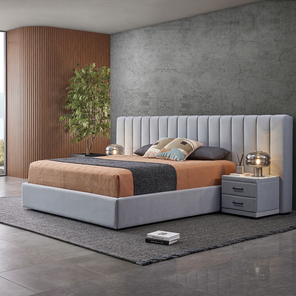 Rosetta panelled velvet bed showing the grand statement headboard