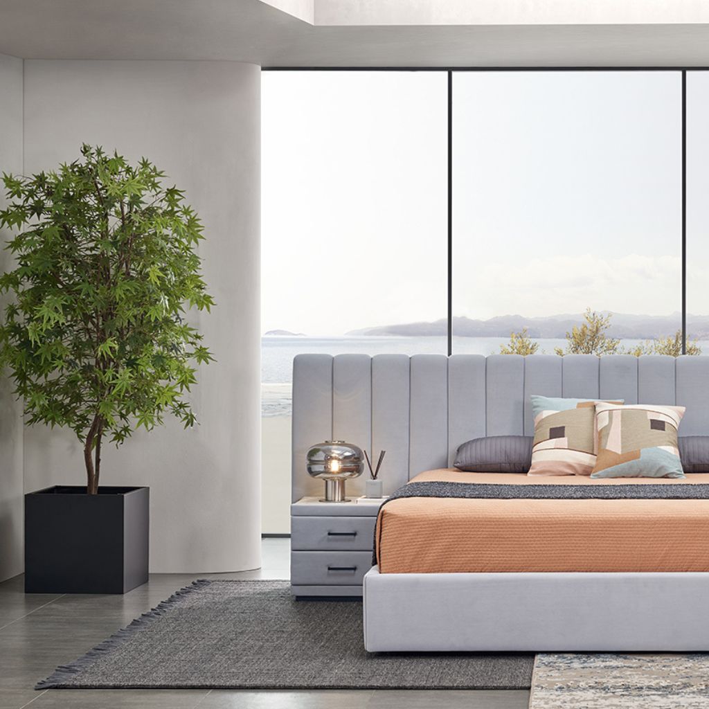 Rosetta panelled velvet bed styled in a modern bedroom
