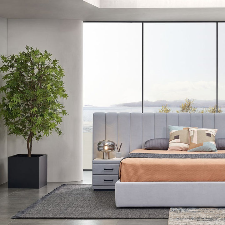 Rosetta panelled velvet bed styled in a modern bedroom