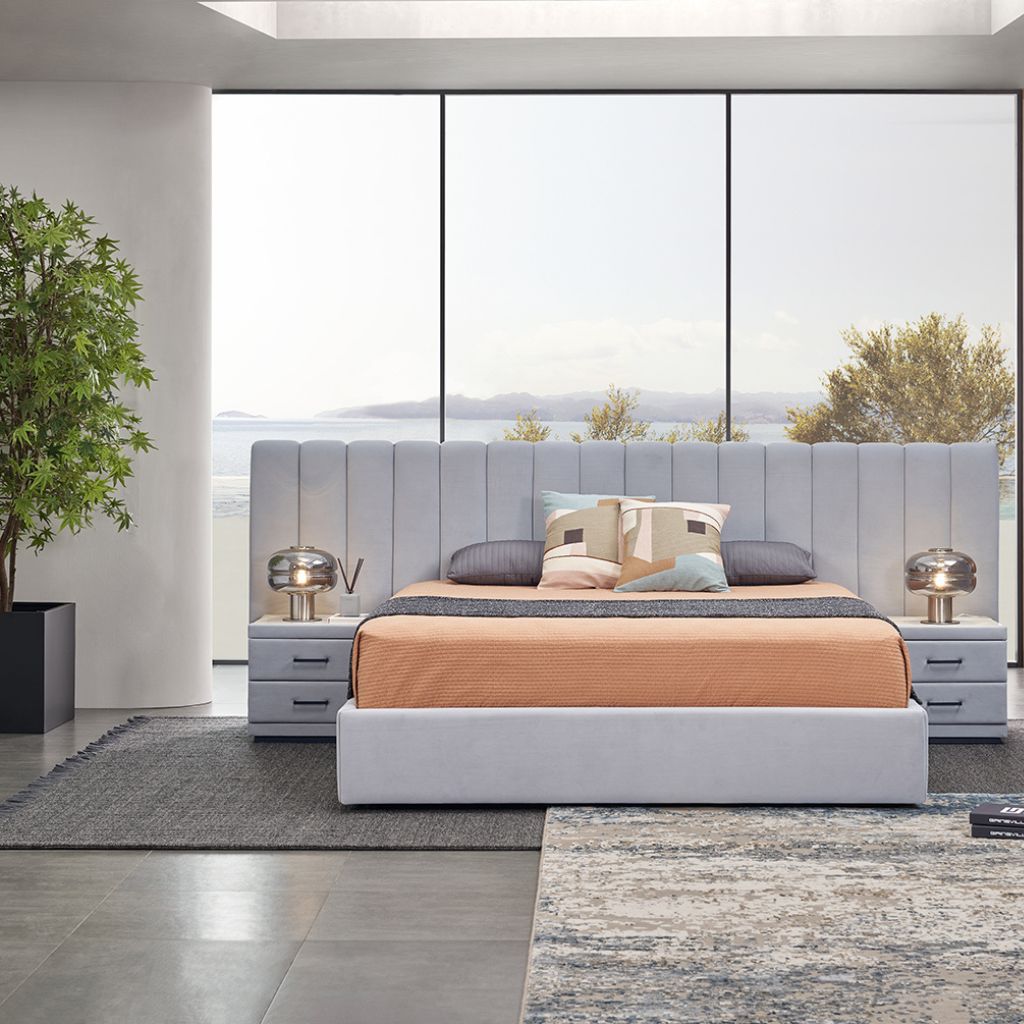 Rosetta Bed in velvet with a panelled headboard in a King size