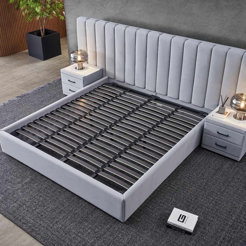 Rosetta King Size Bed with a panelled velvet headboard