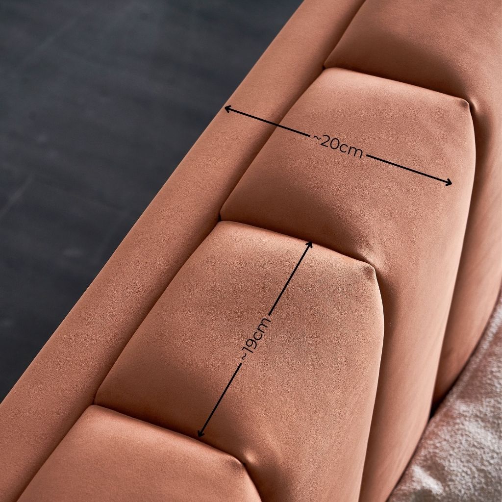 Rosetta Bed close-up showing the thick upholstered headboard panel dimensions