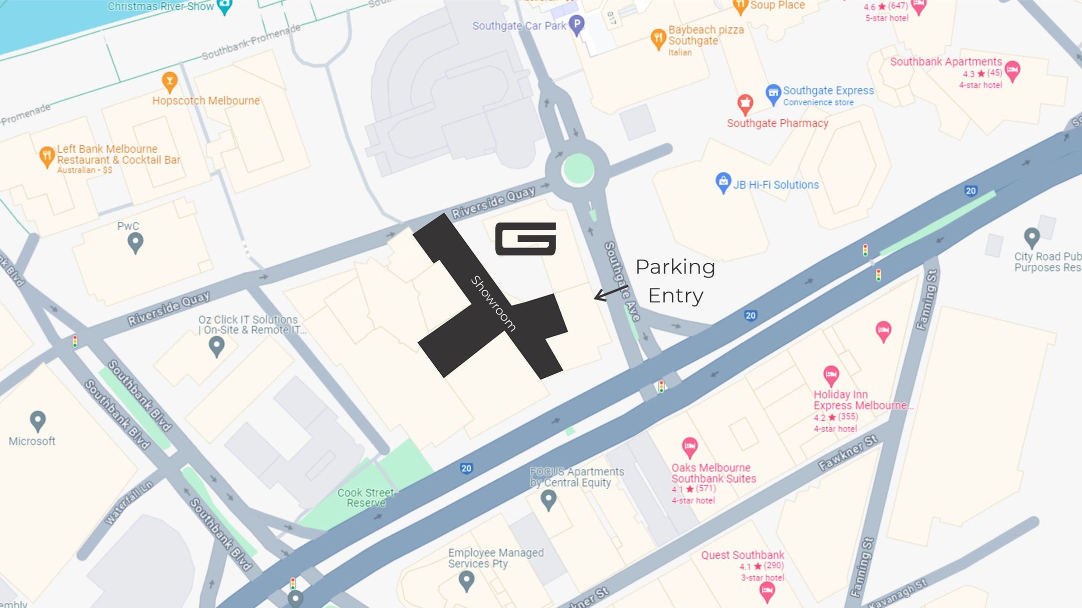Map of Riverside Quay showing the Gainsville showroom and the carpark entry off Southgate Avenue