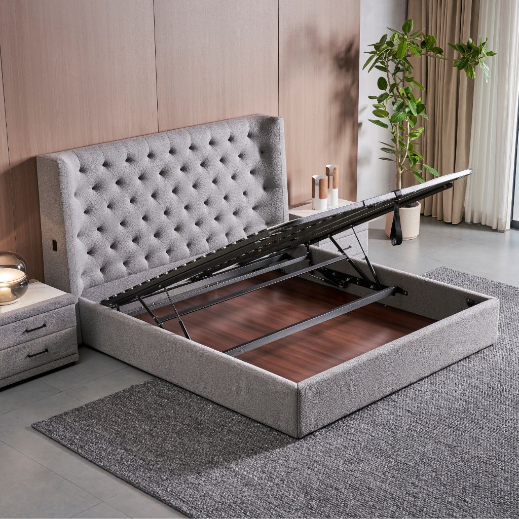 Vancouver Bed upholstered frame and tufted headboard, full view