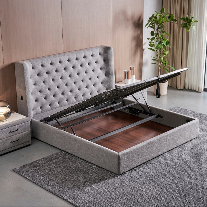Vancouver Bed upholstered frame and tufted headboard, full view