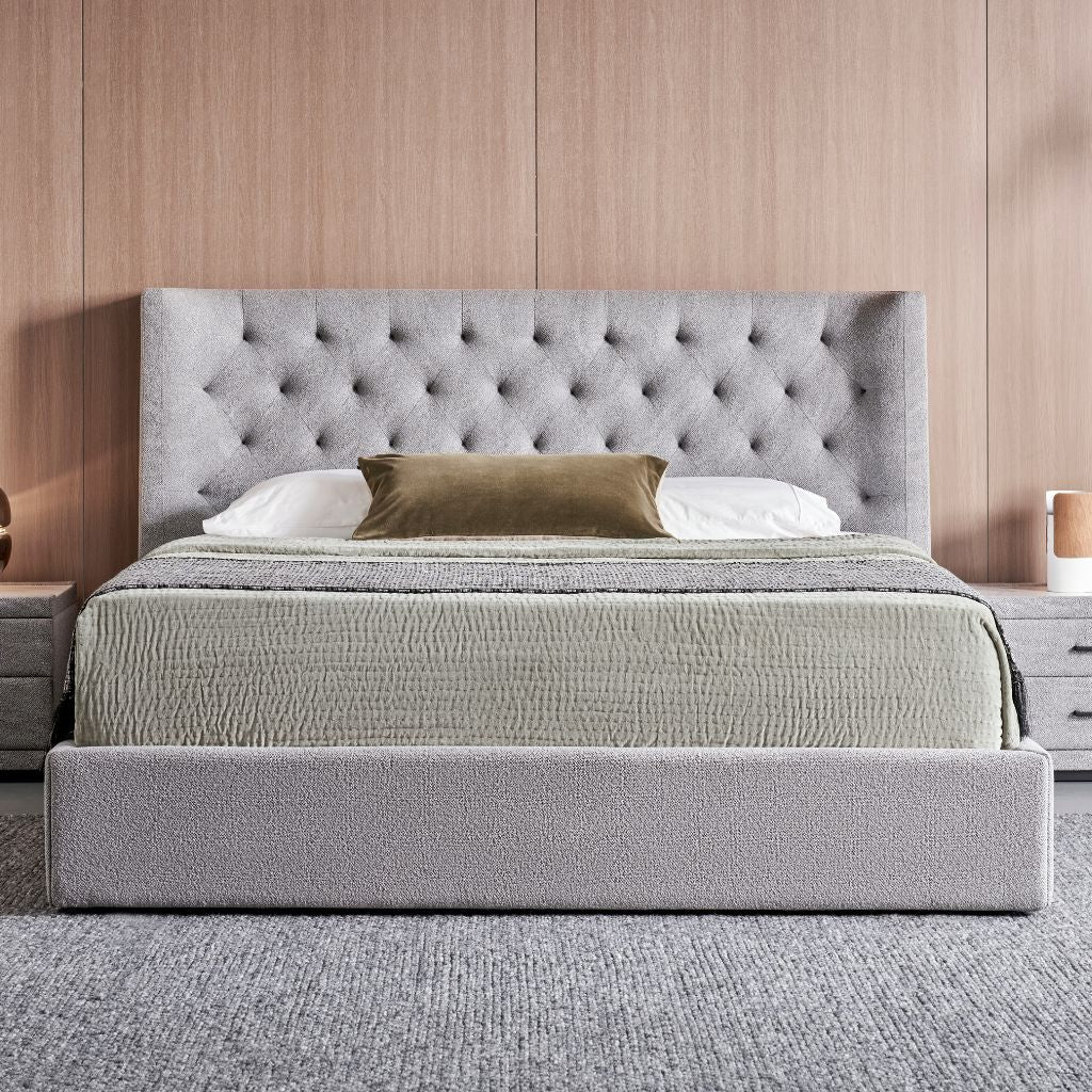 Vancouver Bed with an upholstered frame and tufted headboard in a modern bedroom