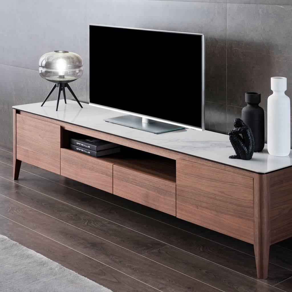 Alaska TV Unit in American Walnut timber styled in a living room